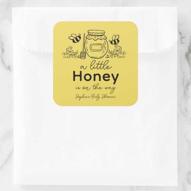 Honey Hand-drawn Jar & Bees Yellow Baby Shower Square Sticker (Bag)