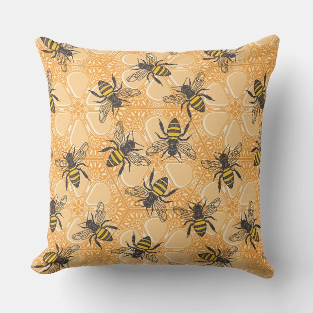 honey hive floral apricot orange cushion (Front)