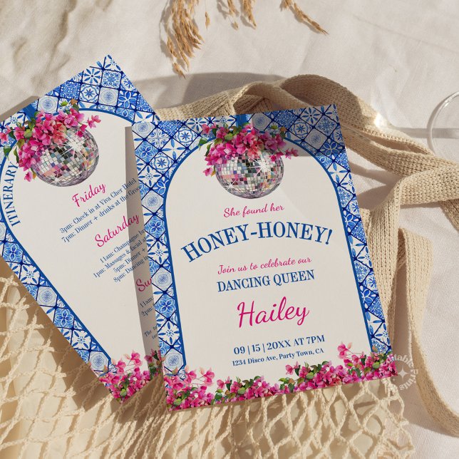 Honey Honey Dancing Queen Bachelorette Weekend  Invitation (dancing queen invite, mamma mia invitation, bachelorette weekend, mediterranean party, girls weekend)