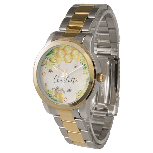 Honey honeycomb bees yellow monogram name watch (Angled)