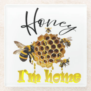 Honey, I'm Home Honey Bee With Honeycomb Glass Coaster