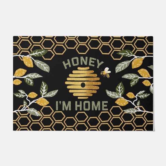 Honey I'm Home Lemon Doormat, Cute Bee With Lemons Doormat (Front)