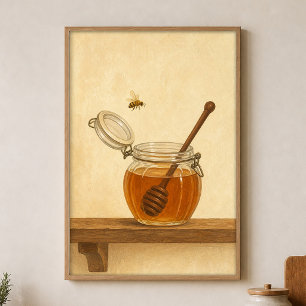 Honey Jar and Bee Watercolour Cottagecore Poster