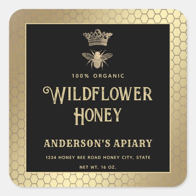 Honey jar gold black modern queen bee   square sticker (Front)