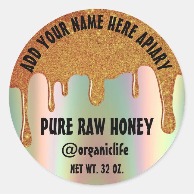Honey Jar  Honeybee Honeycomb Gold Drip Holograph Classic Round Sticker (Front)