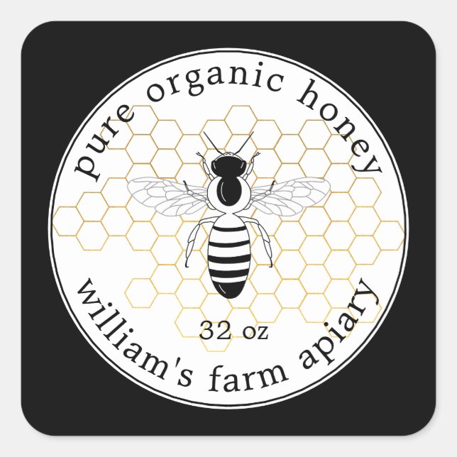 Honey Jar Label Bee Apiary Gold Honeycomb Black (Front)