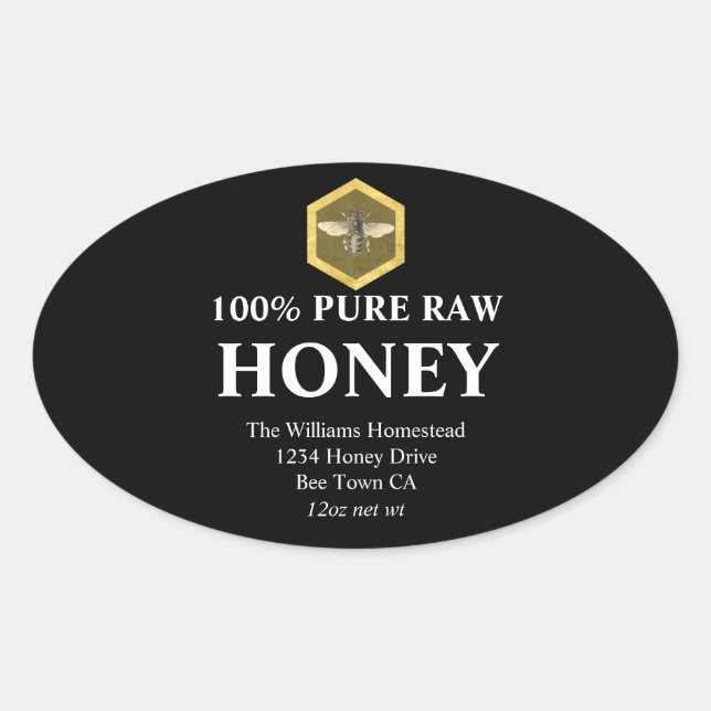 Honey Jar Label | Honey Bee  and Apiary Name Black (Front)