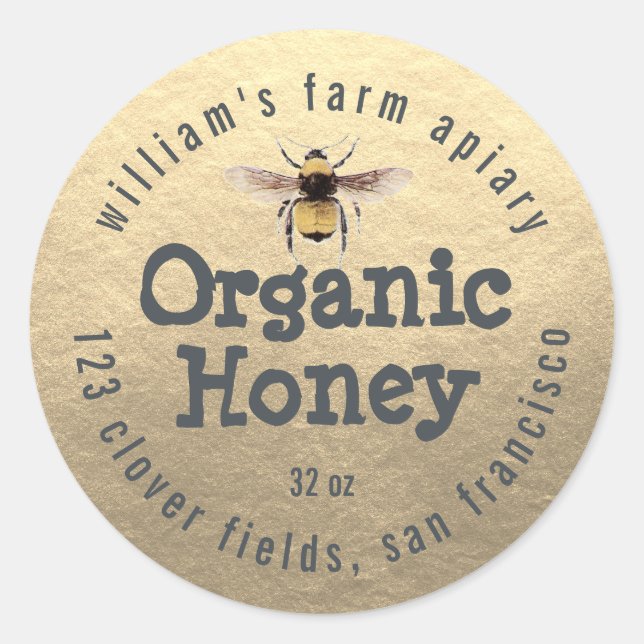 Honey Jar Label Honey Bee Apiary Gold (Front)