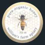 Honey Jar Label Honey Bee Apiary Honeycomb Gold<br><div class="desc">Rustic and simple honey jar labels with a vintage honey bee print and the text pure raw honey and your business name in modern typography on a champagne gold background with a stylish touch of honeycomb. Simply add your apiary name, the product name and the weight to the label. Exclusively...</div>