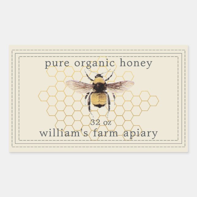 Honey Jar Label Honeybee Apiary Antique White (Front)