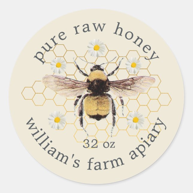 Honey Jar Label Honeybee Apiary Antique White (Front)