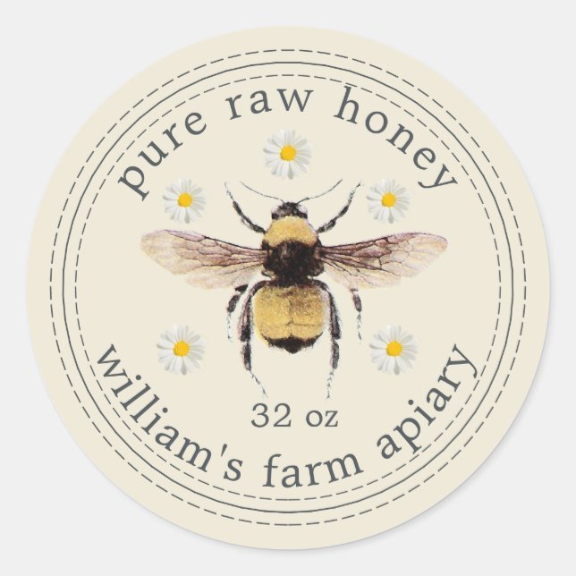 Honey Jar Label Honeybee Apiary Antique White (Front)