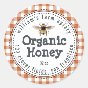Honey Jar Label Honeybee Apiary Burnt Orange Check