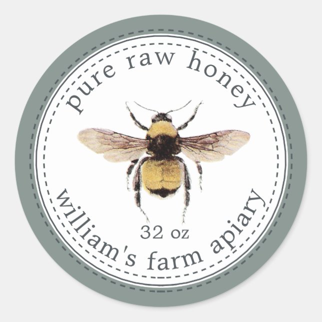Honey Jar Label Honeybee Apiary Chinois Green (Front)