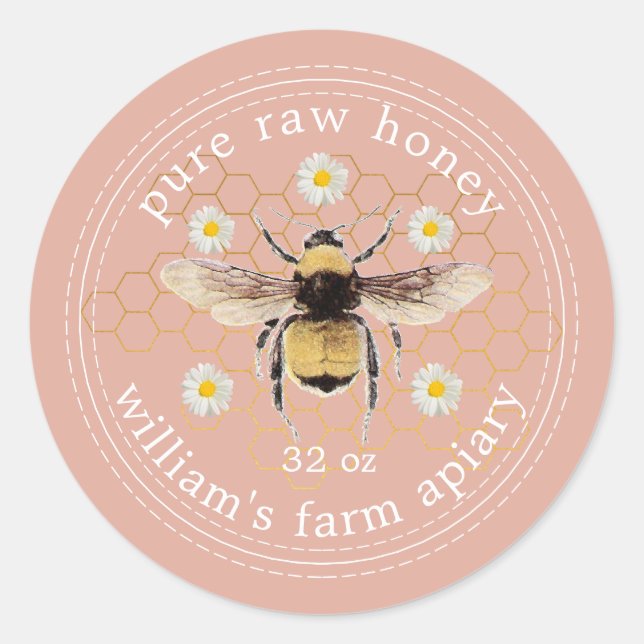 Honey Jar Label Honeybee Apiary Dusty Pink (Front)