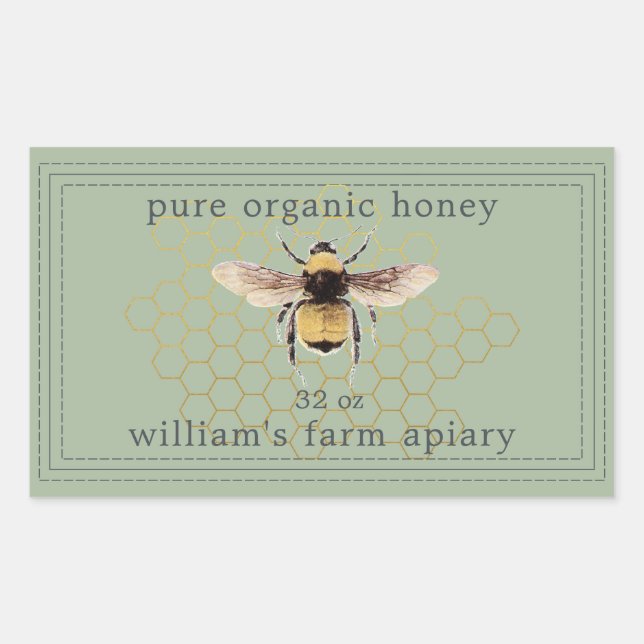 Honey Jar Label Honeybee Apiary Green (Front)
