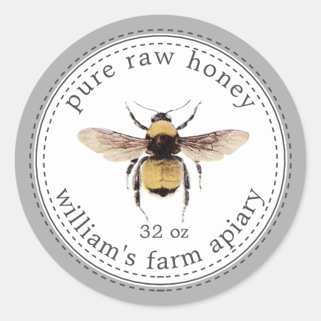Honey Jar Label Honeybee Apiary Grey (Front)