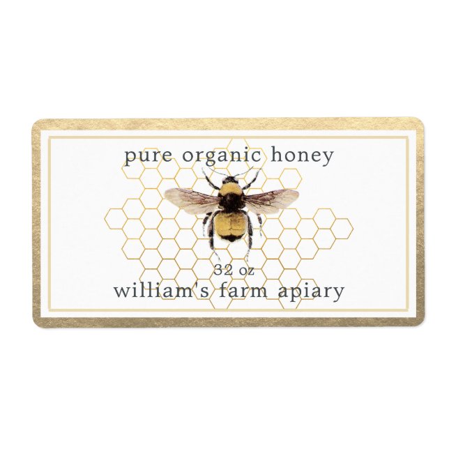 Honey Jar Label Honeybee Apiary Honeycomb Gold (Front)