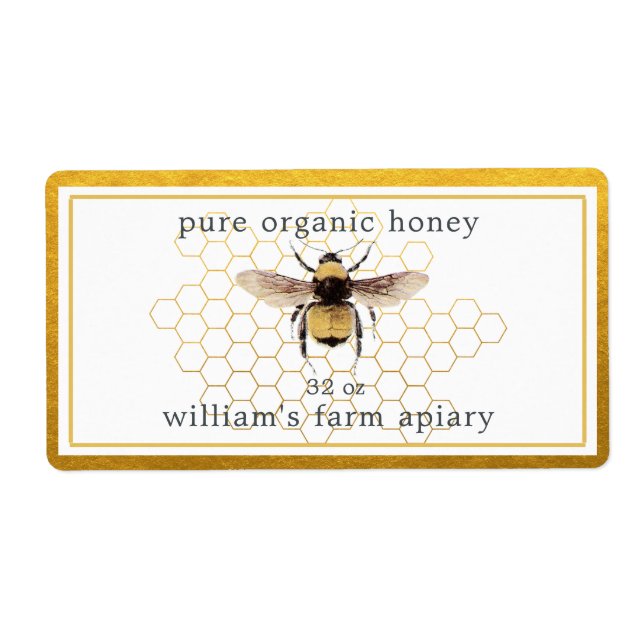 Honey Jar Label Honeybee Apiary Honeycomb Gold (Front)