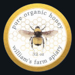 Honey Jar Label Honeybee Apiary Honeycomb Gold<br><div class="desc">Rustic and simple honey jar labels with a vintage honeybee print and the text pure raw honey and your business name in modern typography on a yellow gold background with a stylish touch of honeycomb. Simply add your apiary name, the product name and the weight to the label. Exclusively designed...</div>