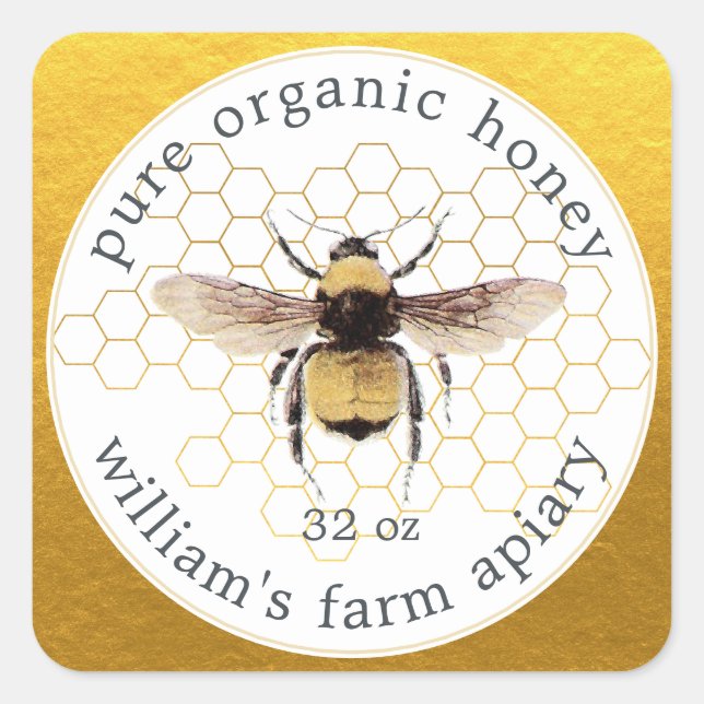 Honey Jar Label Honeybee Apiary Honeycomb Gold (Front)