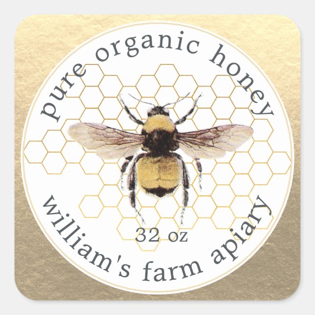 Honey Jar Label Honeybee Apiary Honeycomb Gold (Front)