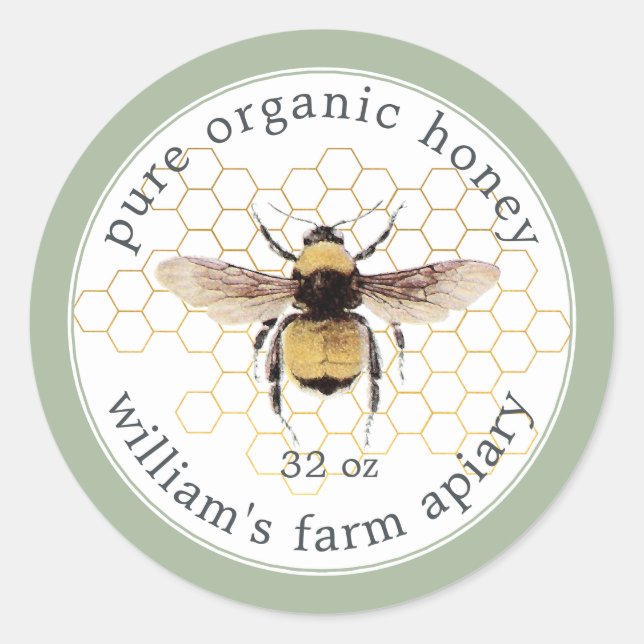 Honey Jar Label Honeybee Apiary Honeycomb Green (Front)