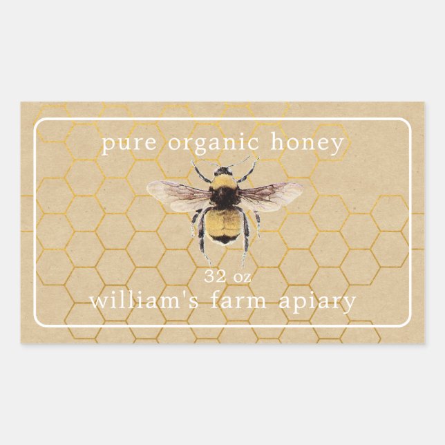 Honey Jar Label Honeybee Apiary Honeycomb Kraft (Front)