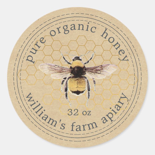 Honey Jar Label Honeybee Apiary Honeycomb Kraft (Front)