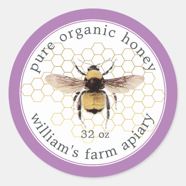 Honey Jar Label Honeybee Apiary Honeycomb Lavender (Front)