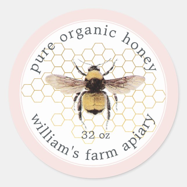 Honey Jar Label Honeybee Apiary Honeycomb Pink (Front)