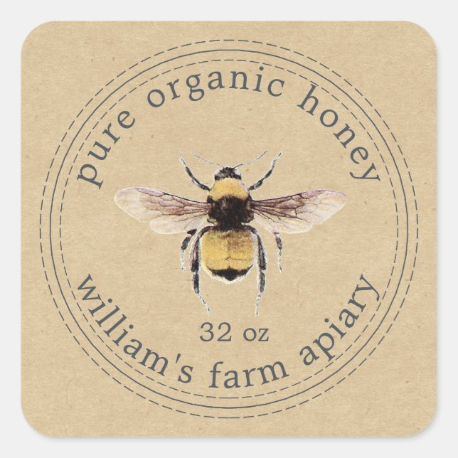 Honey Jar Label Honeybee Apiary Kraft Paper (Front)