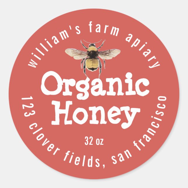 Honey Jar Label Honeybee Apiary Red (Front)