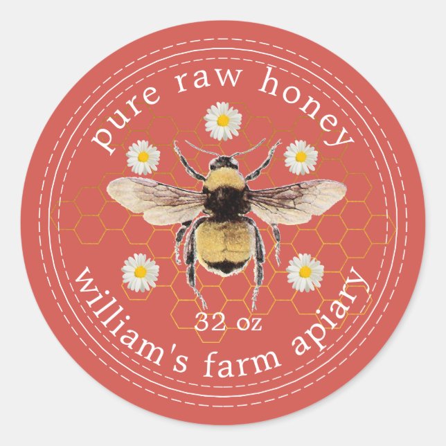 Honey Jar Label Honeybee Apiary Red (Front)