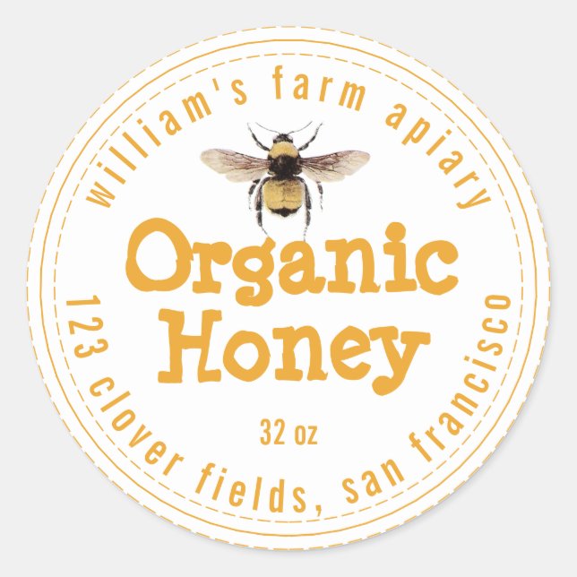 Honey Jar Label Honeybee Apiary Yellow White (Front)