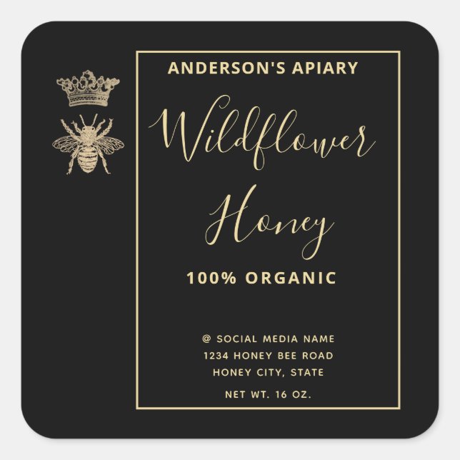 Honey jar modern script queen bee  square sticker (Front)