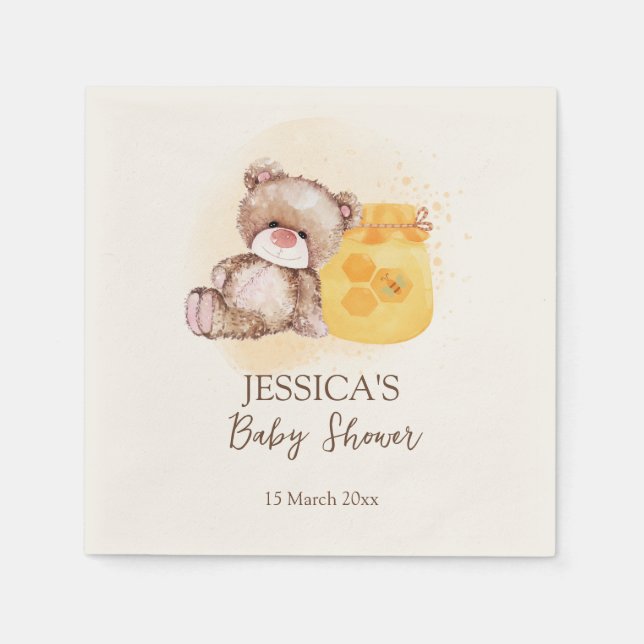 Honey jar teddy bear bearly wait baby shower napkin (Front)