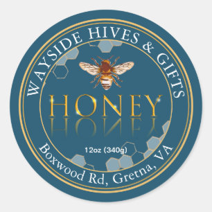 Honey Label Bee and Honeycomb on Teal with Border