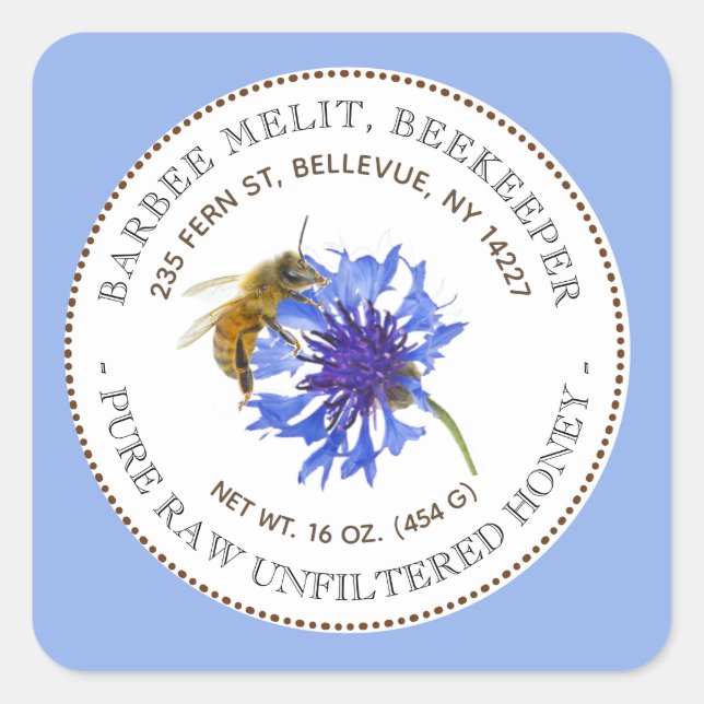 Honey Label Blue Flower Bee Beekeeping Sticker (Front)
