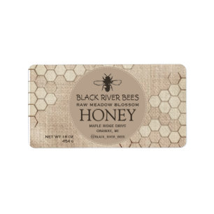 Honey Label Honeycomb and Stylised Bee on Muslin