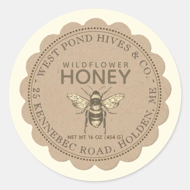 Honey Label Kraft Scallop Vintage Bee (Front)