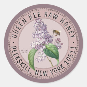 Honey Label with Bee and Lilac Flower Pink