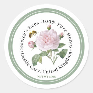 Honey Label with Pink Rose Bee and Green Border