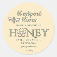 Honey label with stylised flower & cute bee design