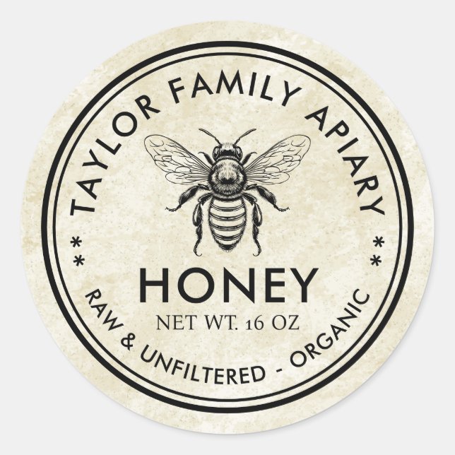 Honey label with vintage feel and honey bee (Front)