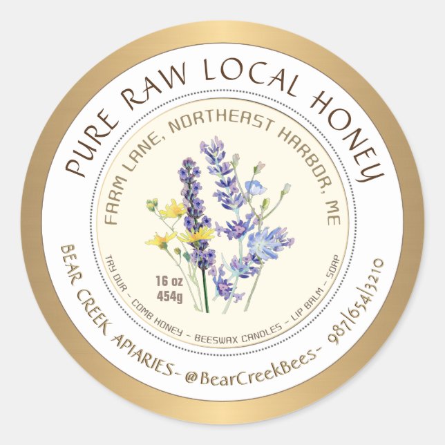 Honey Label with Wildflowers and Gold Border (Front)
