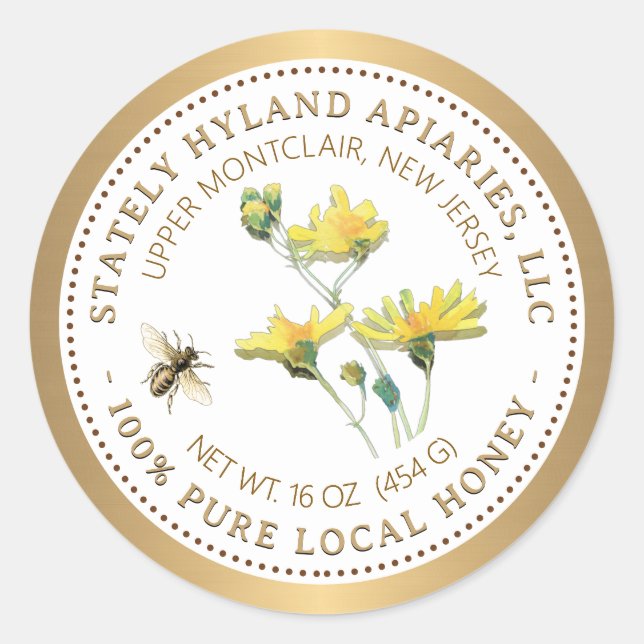 Honey Label Yellow Flower Bee and Gold Border (Front)
