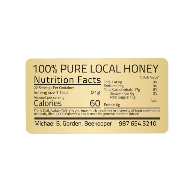 Honey Nutrition Facts Gold Address Label  (Front)