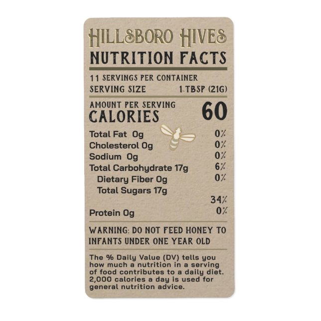 Honey Nutrition Facts Infant Warning Apiary Name   (Front)