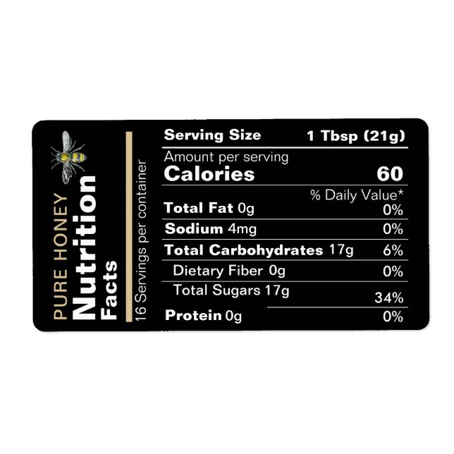 Honey Nutrition Facts Label Black Gold Bee (Front)